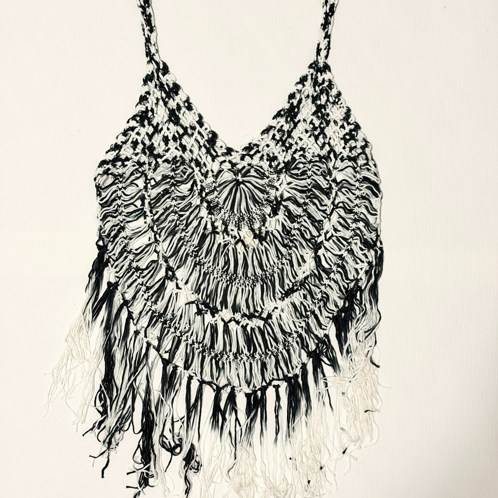 Ekouaer Crochet Halter Top Fringe Boho Beachwear Small Black White